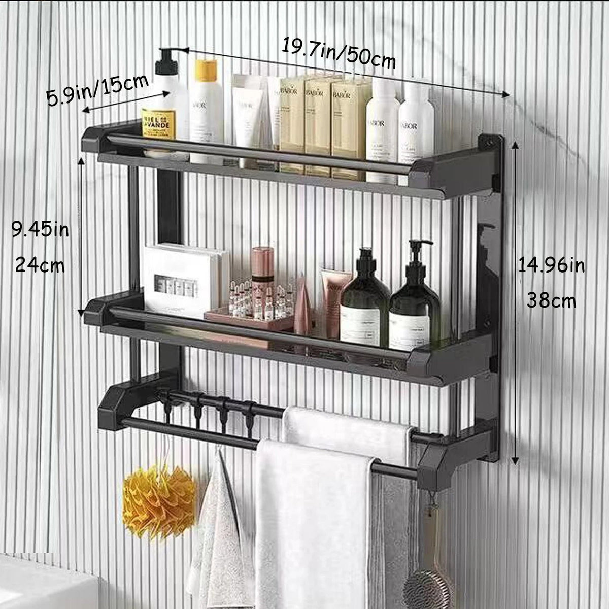 Étagères de Rangement Murales avec Crochets 🧺, 2 Niveaux, Barre Porte-Serviettes, Noir 🖤