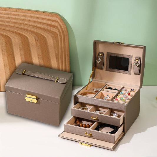 Organisateur de Bijoux en Cuir PU 3 Niveaux avec Miroir