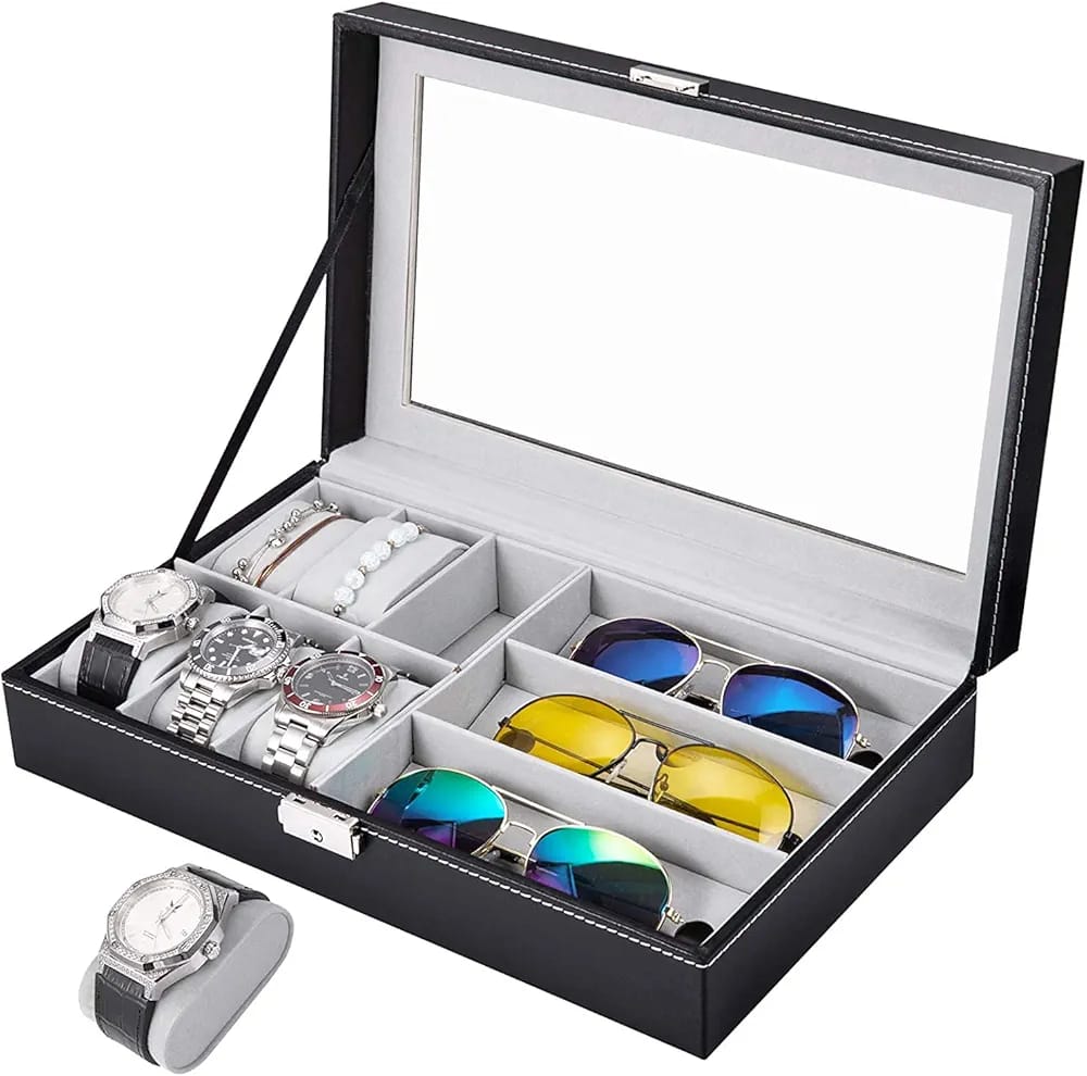 Boîte de rangement 6 montres + 3 lunettes – Finition cuir élégante