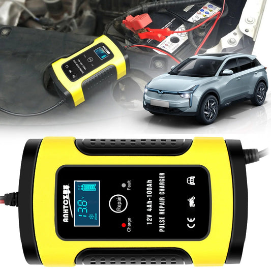 Chargeur de batterie pour voiture et moto 12/24V, 8A, avec écran tactile LCD et multiples protections.