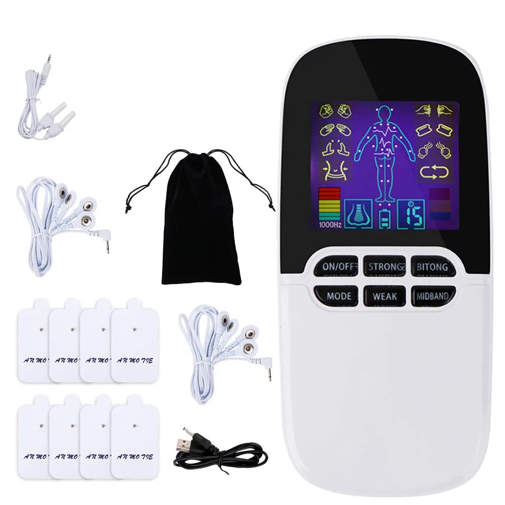 Unité TENS et EMS rechargeable avec modes personnalisables, idéale pour soulager les douleurs musculaires et stimuler les muscles à domicile.