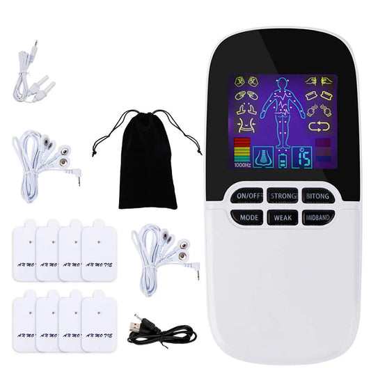 Unité TENS et EMS rechargeable avec modes personnalisables, idéale pour soulager les douleurs musculaires et stimuler les muscles à domicile.