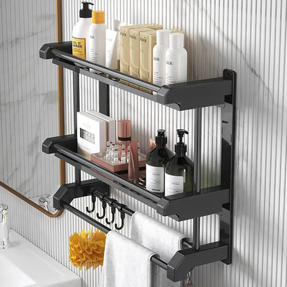 Étagères de Rangement Murales avec Crochets 🧺, 2 Niveaux, Barre Porte-Serviettes, Noir 🖤