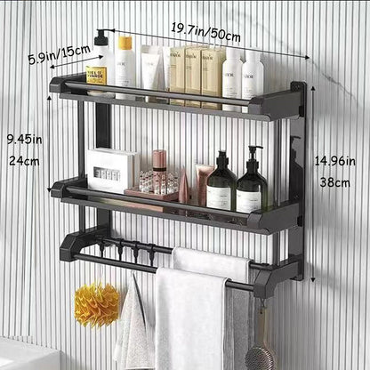 Étagères de Rangement Murales avec Crochets 🧺, 2 Niveaux, Barre Porte-Serviettes, Noir 🖤