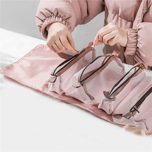 Sac à cosmétiques de voyage pour femme, boîte de maquillage en maille et trousse de rangement multifonctionnelle, idéale pour une organisation élégante.