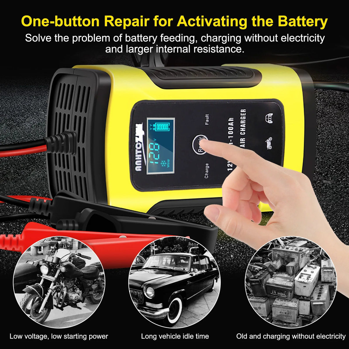 Chargeur de Batterie Voiture Moto 12/24V, 8A avec Écran Tactile