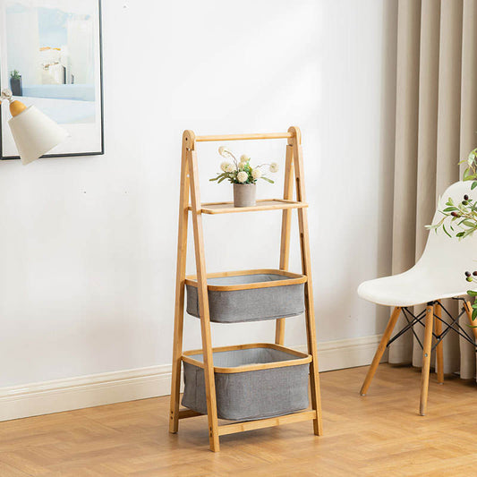 Étagère de Rangement Pliable à 3 Niveaux en Bambou avec Paniers
