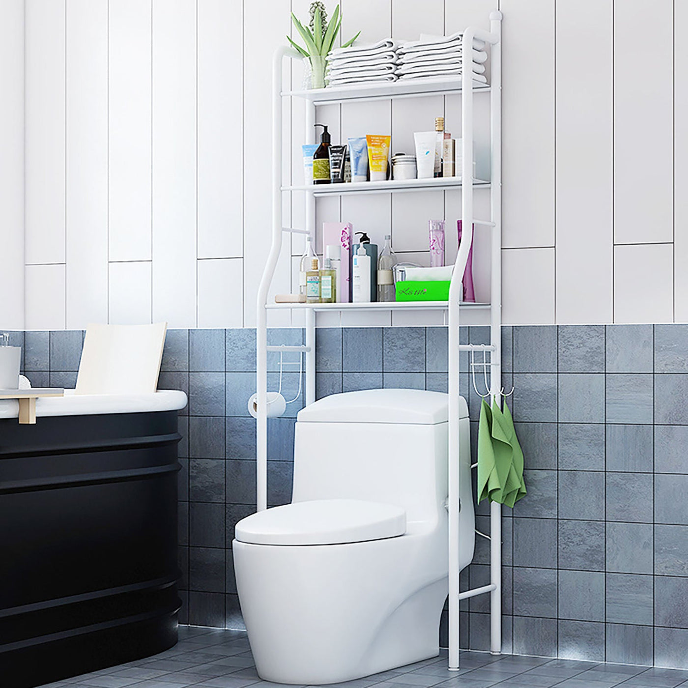 Unité de Rangement au-dessus des Toilettes avec Étagère Réglable et Barre Pivotante pour Serviettes : Praticité et Élégance
