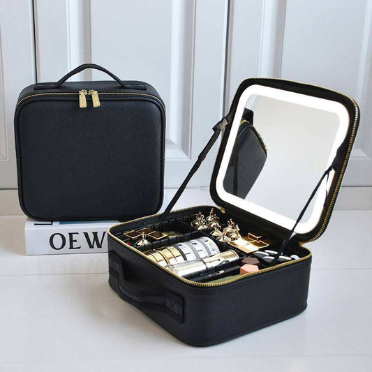 Malette de maquillage professionnelle avec miroir LED et bandoulière ajustable, idéale pour transport et organisation