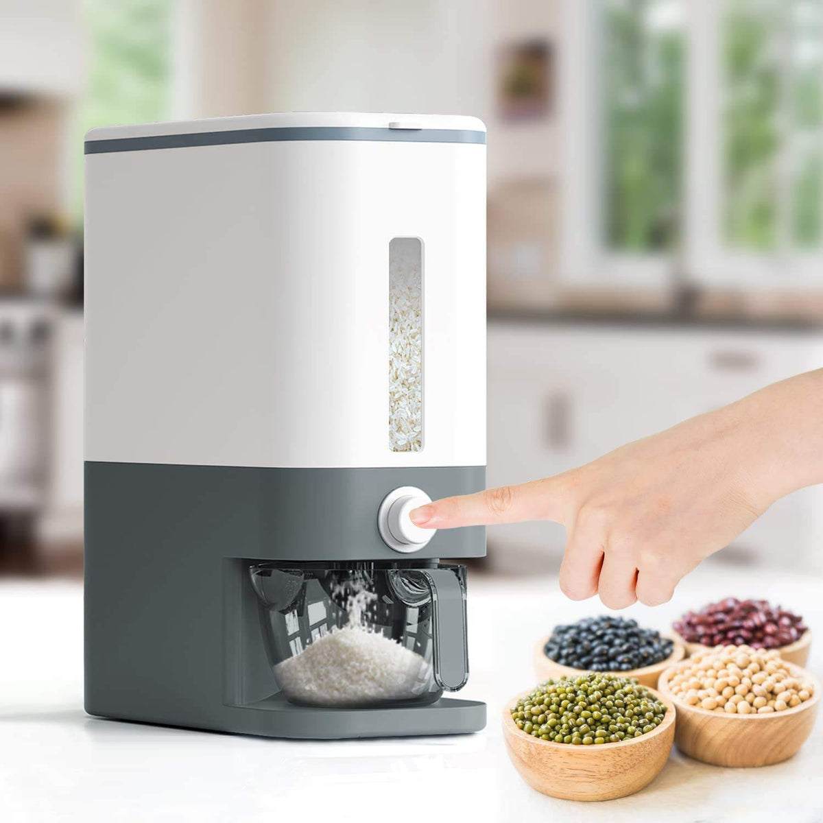 Bocaux de rangement en plastique avec couvercle pour céréales, riz et aliments secs, idéal pour la cuisine.