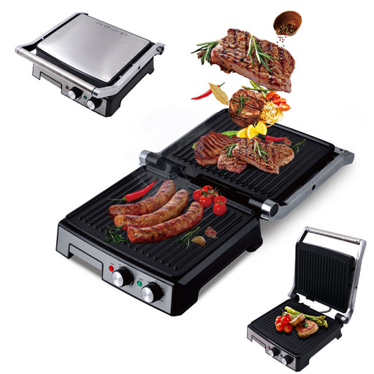 Presse à panini électrique en acier inoxydable, compacte et idéale pour des sandwichs grillés, paninis ou viandes.