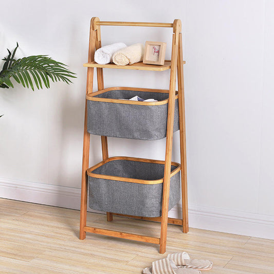 Étagère de rangement pliable à 3 niveaux en bambou avec 2 paniers en tissu pour salle de bain.
