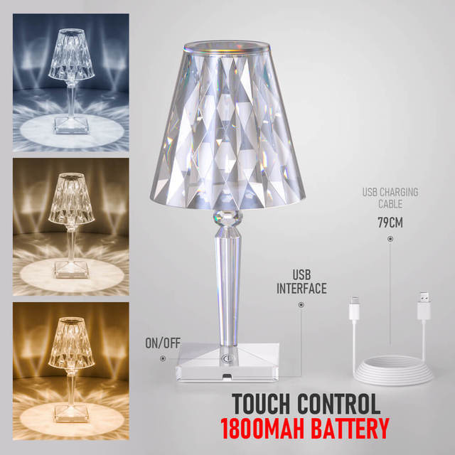 Lampe de Table LED en Diamant avec Contrôle Tactile et Chargeur en Clip