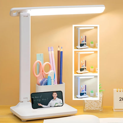 Lampe de table LED moderne et rechargeable avec porte-stylos, réglage de la luminosité et protection des yeux.