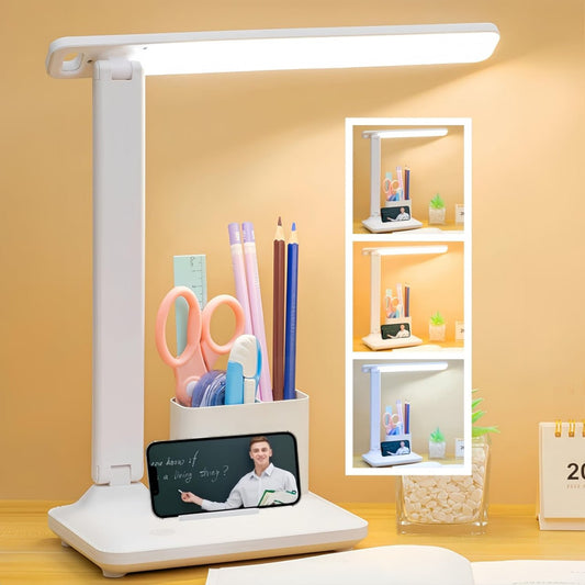 Lampe de table LED moderne et rechargeable avec porte-stylos, réglage de la luminosité et protection des yeux.